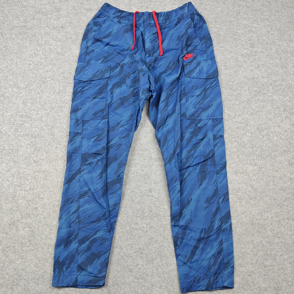 Nike Track Pants Mens Medium Blue Camo Woven Cargo Elastic Waist Zip Fly Pockets